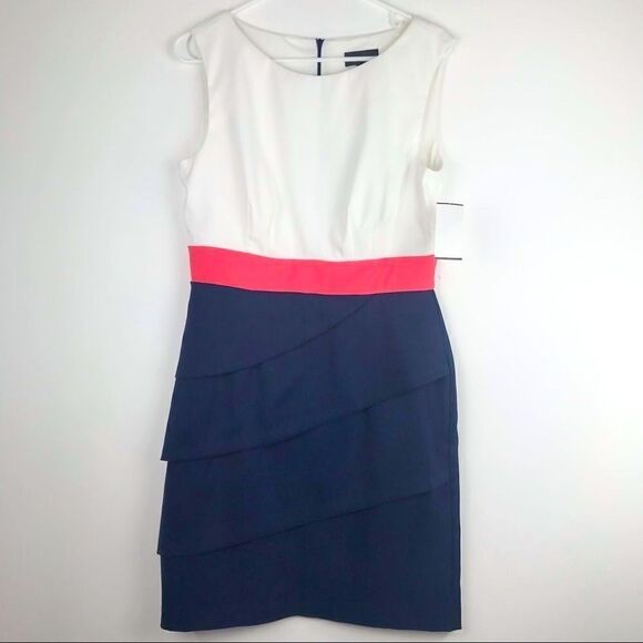 Connected Apparel Colorblock Navy White Pink Tiered Sleeveless Dress NEW - Picture 1 of 11